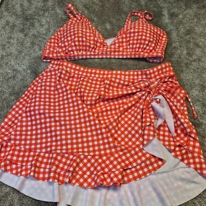 B Red White Gingham Checkered Ruffle Swim Skirt Bikini Set XXL Plus Size